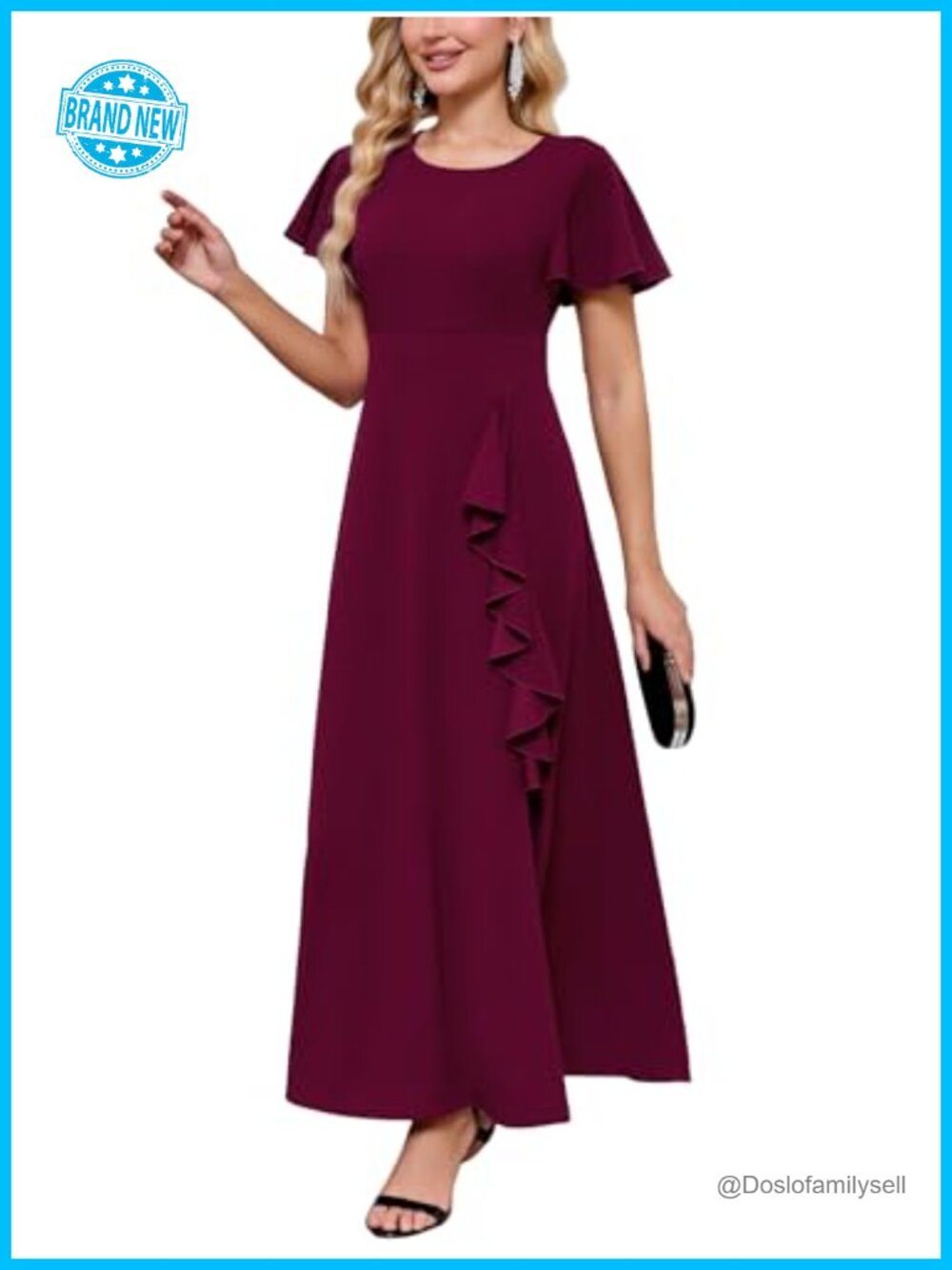 Slim Fit Formal Maxi Dress Knee Length Side Slit Ruffle Wedding Guest